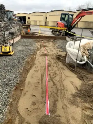 Open utility trench extending across the site.
