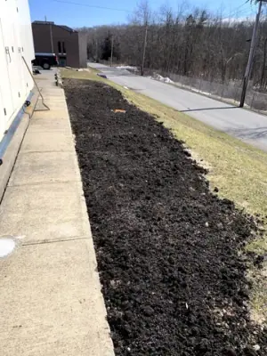 Graded ground alongside the concrete edge after utility work.